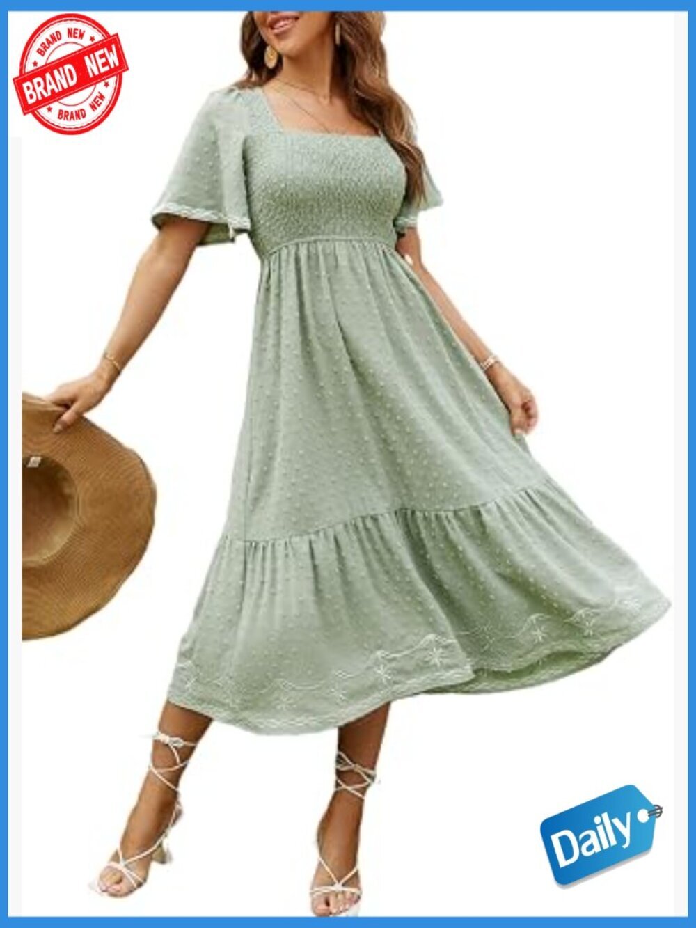 Short Sleeve Smocked Square Neck A Line Flowy Maxi Dress